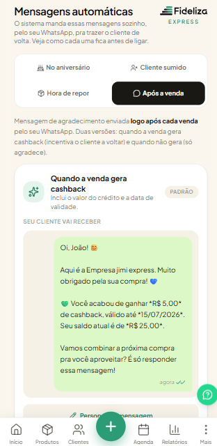Tela de mensagens do Fideliza Express no celular